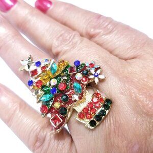 Christmas Ring Holiday Adjustable Ring Gold W. Multi Rhinestone Christmas Gift